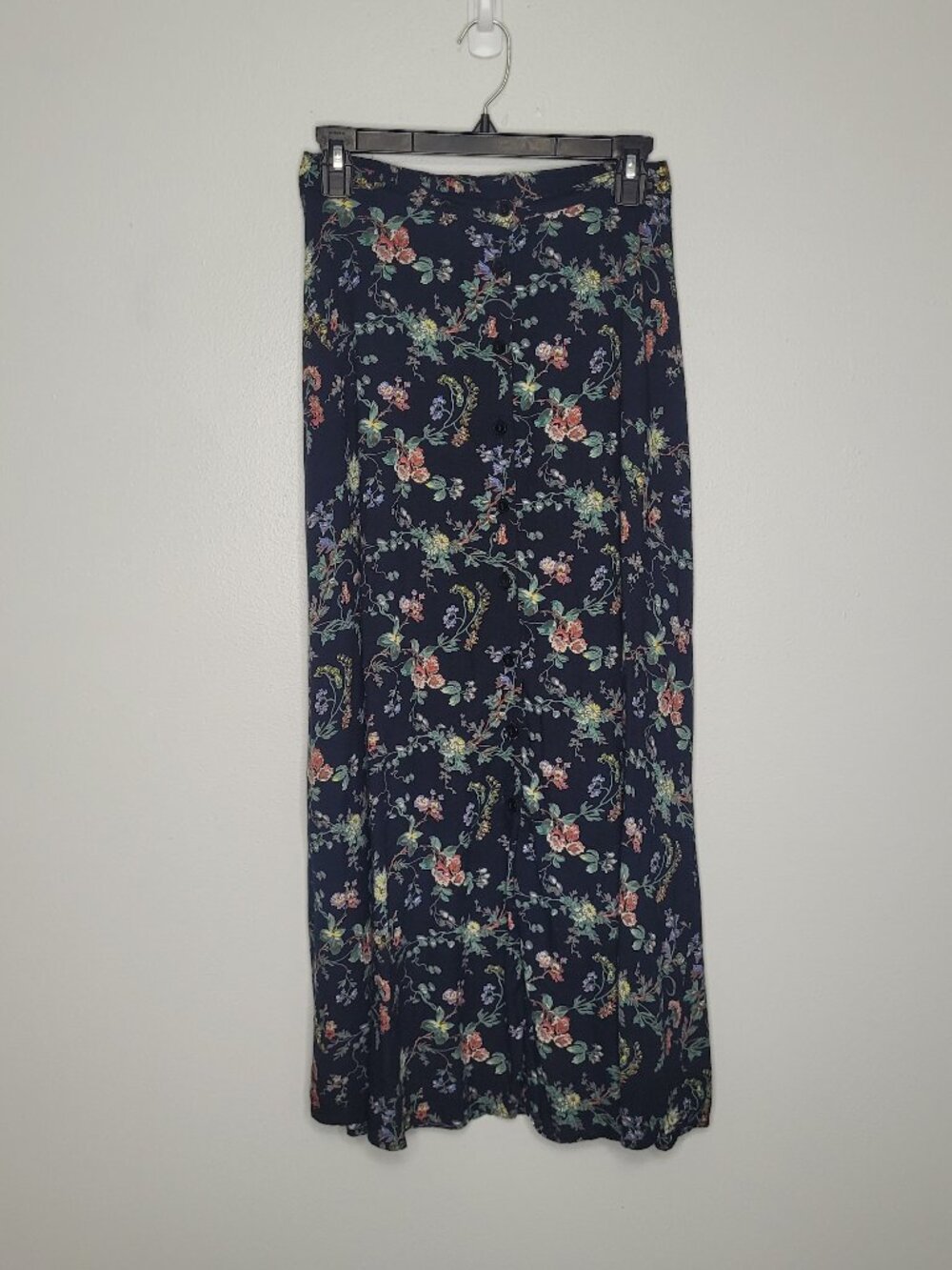 Vintage Paul Harris Design Floral Button Front Maxi Skirt Navy Blue cottage 6